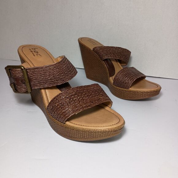 BOC Born Concept Brown Leather 3" Wedge Sandals Size 10 Slip-On Comfort Slides - Picture 9 of 16